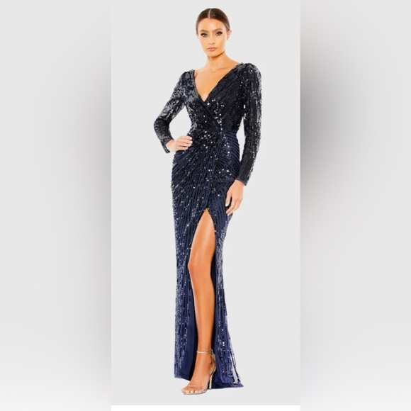 MAC DUGGAL 93660 NWT Sequined Faux Wrap Long Sleeve Gown - Picture 1 of 7